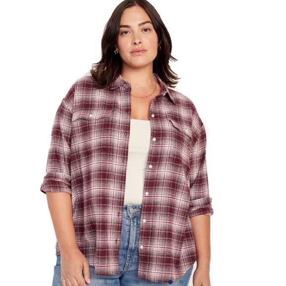 Old Navy Tops - OLD NAVY Loose Flannel Boyfriend Shirt Burgandy and White Size XL